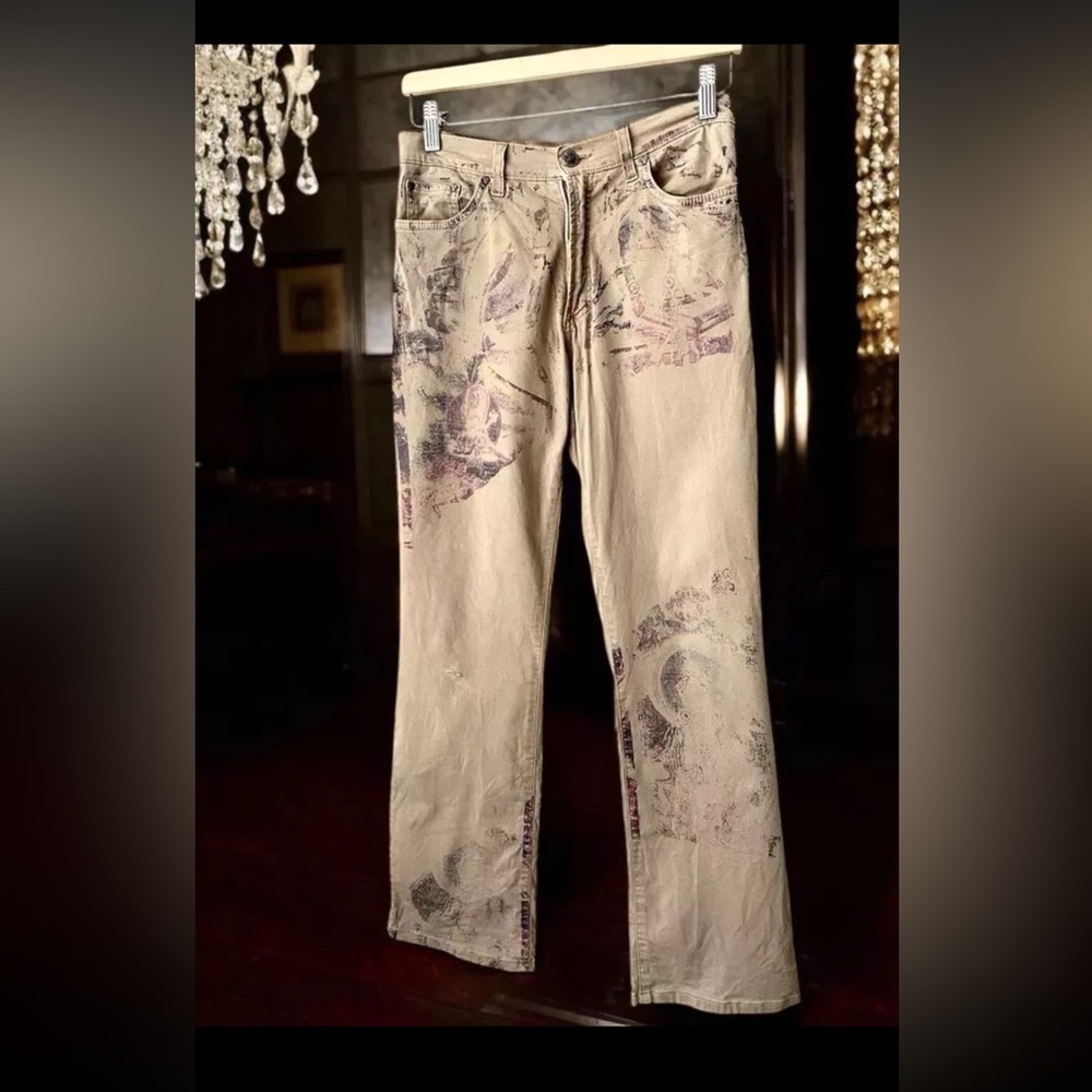 VINTAGE VERSACE JEANS COUTURE Flare Abrstract Print Jeans 32x30 FLAW BELT LOOP
